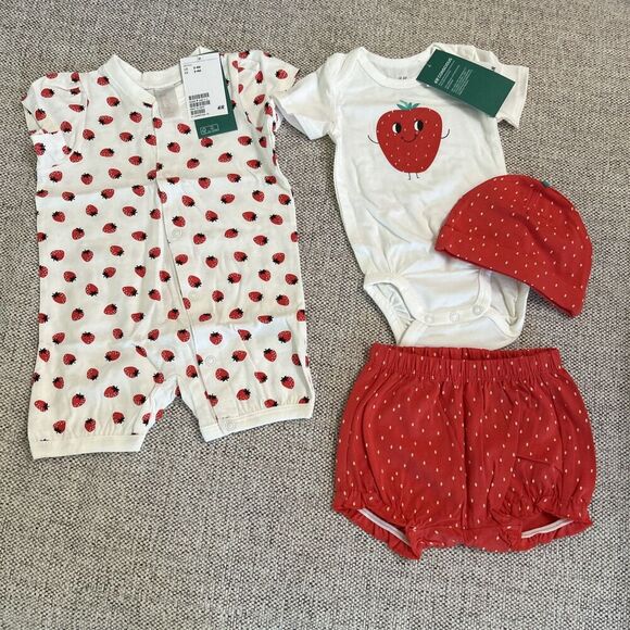 H&M Girl Infant Set Strawberries Size 2-4 Months  NEW - Picture 1 of 6